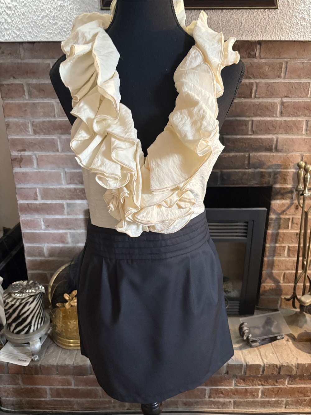 Ruffled V-Neck Mini Dress in Cream and Black